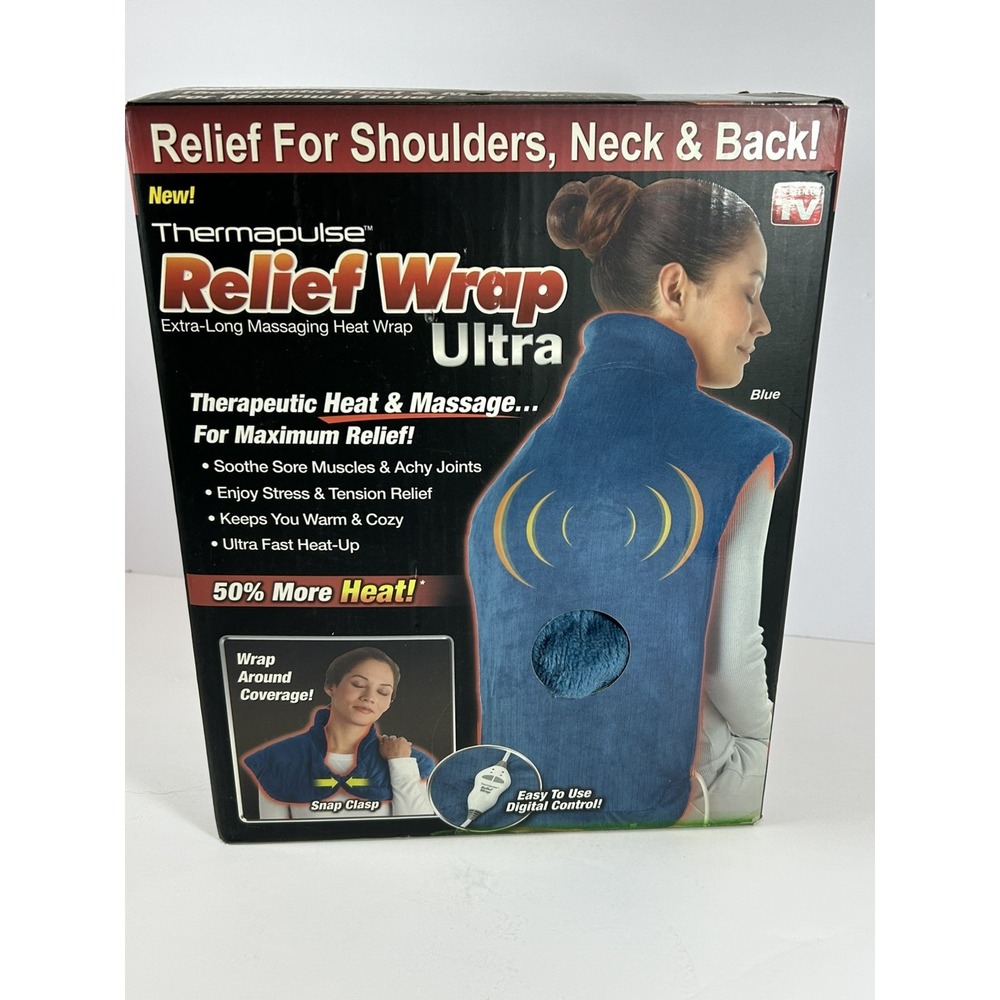 Thermapulse Relief Wrap Extra-Long Massaging Heat Wrap Blue Shoulder Neck NEW